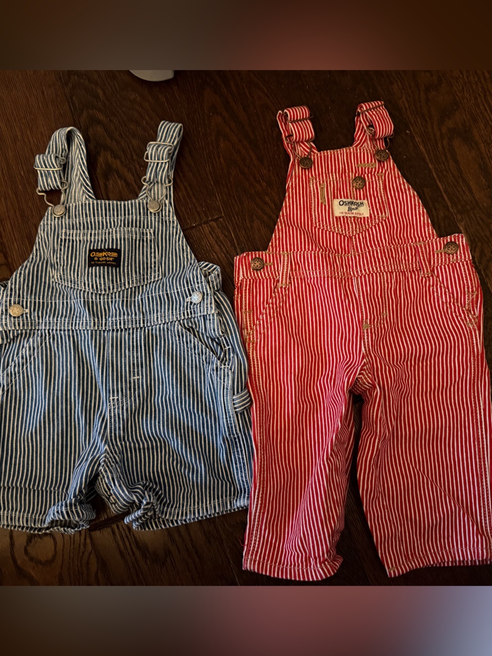 OshKosh B'gosh Blue & Red Pinstripe Kids Overalls Duo